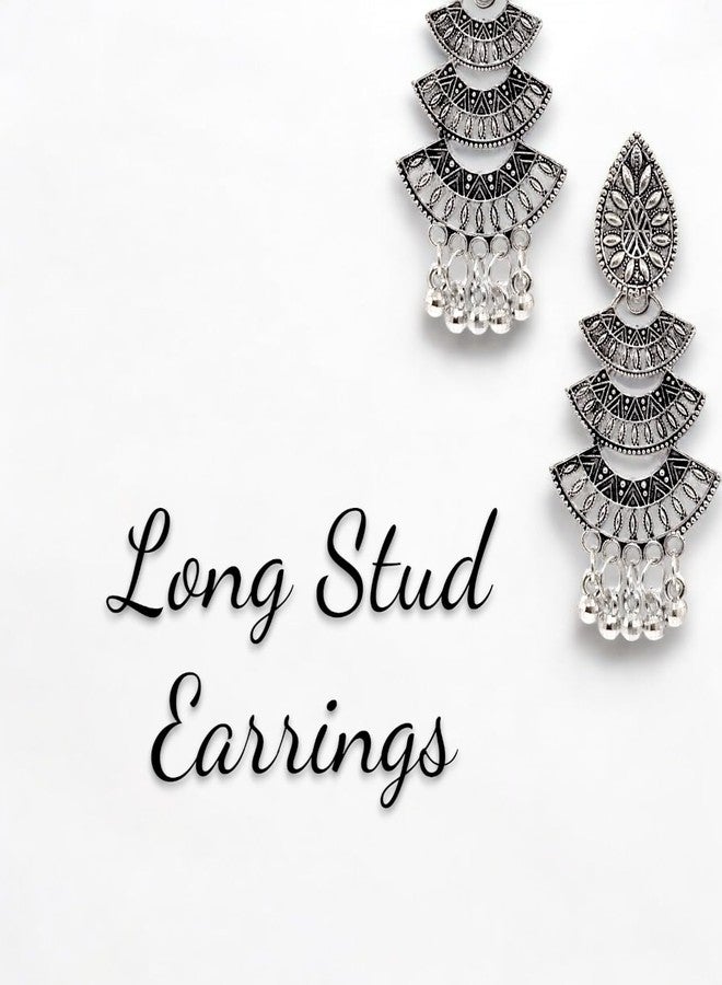 Elleva Long Earrings for Women Stylish Jhumka Set | Silver Oxidised Peacock Studs for Girls Combo Set | Fancy Jhumkas Jewellery Traditional Set for Wedding Gift, Set of 3 Pair (Pack of 1) - Image 4