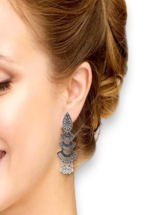Elleva Long Earrings for Women Stylish Jhumka Set | Silver Oxidised Peacock Studs for Girls Combo Set | Fancy Jhumkas Jewellery Traditional Set for Wedding Gift, Set of 3 Pair (Pack of 1) - Image 2