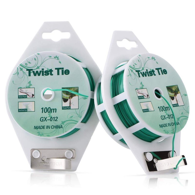 2 Reels 328 Feet 100m Twist Tie Green Coated Garden Plant Ties with Cutter for Gardening and Office Organization Home