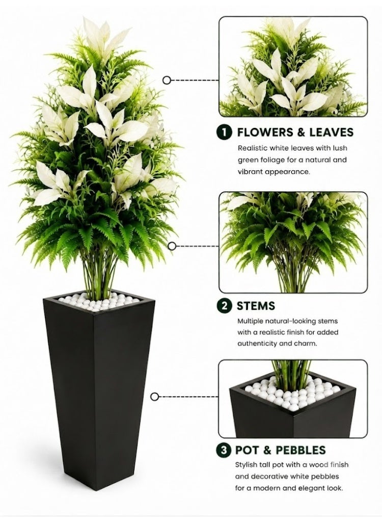 Artificial White Lily Flower Plant with Black Square Pot – 65cm Decorative Faux Indoor Plant, Premium Realistic Green Leaves, Elegant Home & Office Decoration, Modern Decorative Floor Plant with White Pebbles, Maintenance-Free Artificial Plant for Living Room, Bedroom, Office, Hotel, Restaurant, Reception, Balcony, Hallway, Wedding Decoration, Luxury Home Décor Accent, UV Resistant Faux Greenery, High-Quality Plastic Leaves, Durable Square Flower Pot, Stylish Indoor Decorative Plant, Premium Artificial Floral Arrangement for Home, Apartment, Café, Villa, Workspace & Commercial Interior Decoration - Image 3