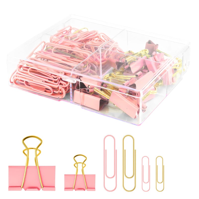 Creechwa Cute Paper Clips Binder Clips Combo Set  165 Psc  Assorted Size Paper Clips For Office  Cute Office Supplies Set  Pink - Image 1