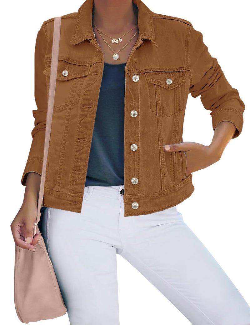 luvamia Women's Classic Casual Long Sleeves Jacket Basic Button Down Trucker Jacket Jackets for Women Coat Brown Size Small Fits Size 4-6 - Image 1
