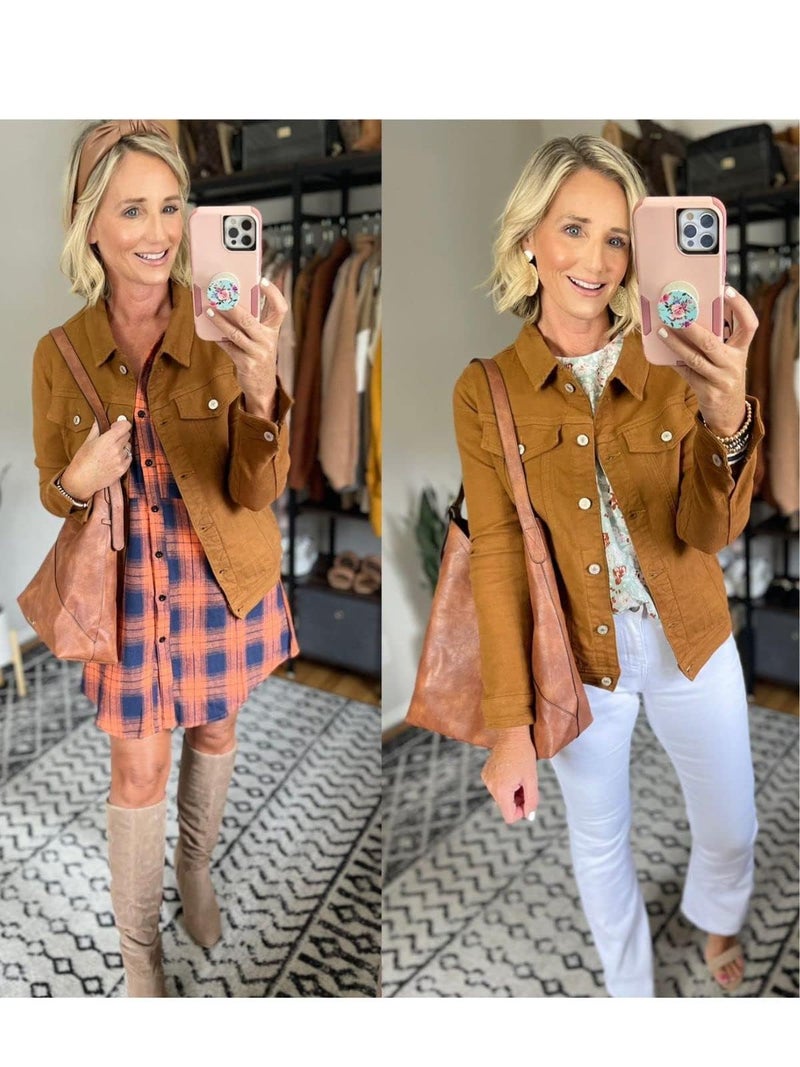 luvamia Women's Classic Casual Long Sleeves Jacket Basic Button Down Trucker Jacket Jackets for Women Coat Brown Size Small Fits Size 4-6 - Image 4