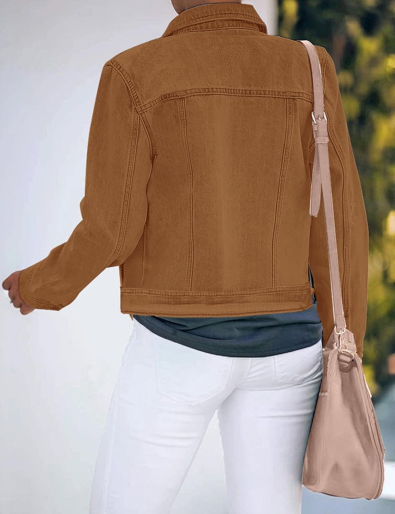 luvamia Women's Classic Casual Long Sleeves Jacket Basic Button Down Trucker Jacket Jackets for Women Coat Brown Size Small Fits Size 4-6 - Image 2