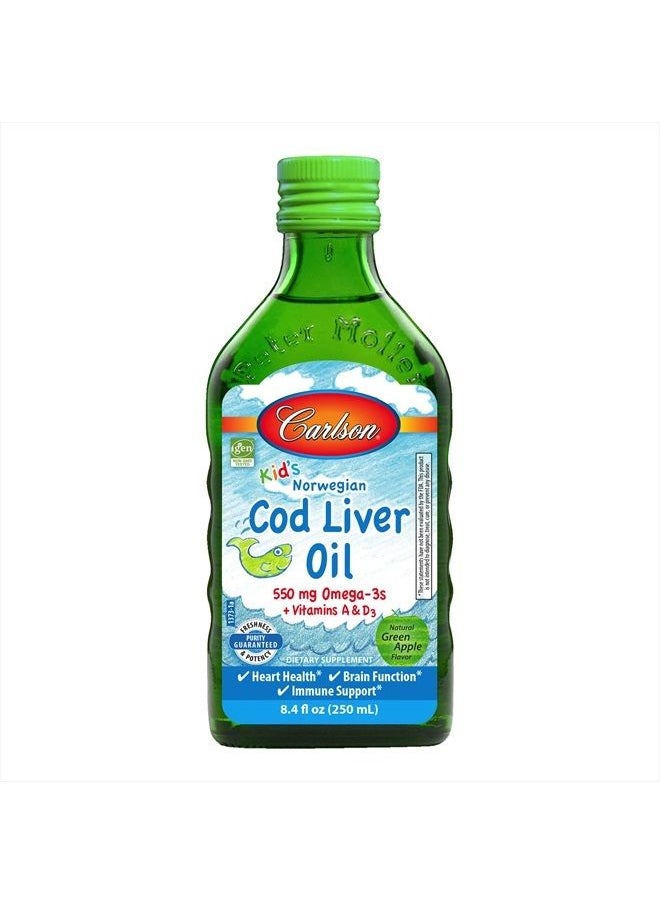 Carlson - Kid's Cod Liver Oil, 550 mg Omega-3s, Vitamins A & D3, Wild-Caught Norwegian Arctic Cod-Liver Oil, Sustainably Sourced Nordic Fish Oil, Green Apple, 250 mL (8.4 Fl Oz) - Image 1