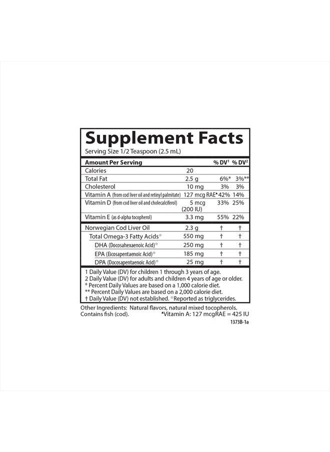 Carlson - Kid's Cod Liver Oil, 550 mg Omega-3s, Vitamins A & D3, Wild-Caught Norwegian Arctic Cod-Liver Oil, Sustainably Sourced Nordic Fish Oil, Green Apple, 250 mL (8.4 Fl Oz) - Image 1