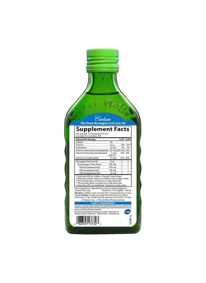 Carlson - Kid's Cod Liver Oil, 550 mg Omega-3s, Vitamins A & D3, Wild-Caught Norwegian Arctic Cod-Liver Oil, Sustainably Sourced Nordic Fish Oil, Green Apple, 250 mL (8.4 Fl Oz) - Image 1
