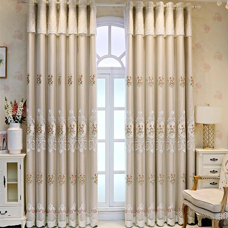 Amidoudou 1 Pair European Double Layer Curtains with Valance for Living Room Bedroom Floral Embroidered Curtains (Beige,51x96 Inch) - Image 4