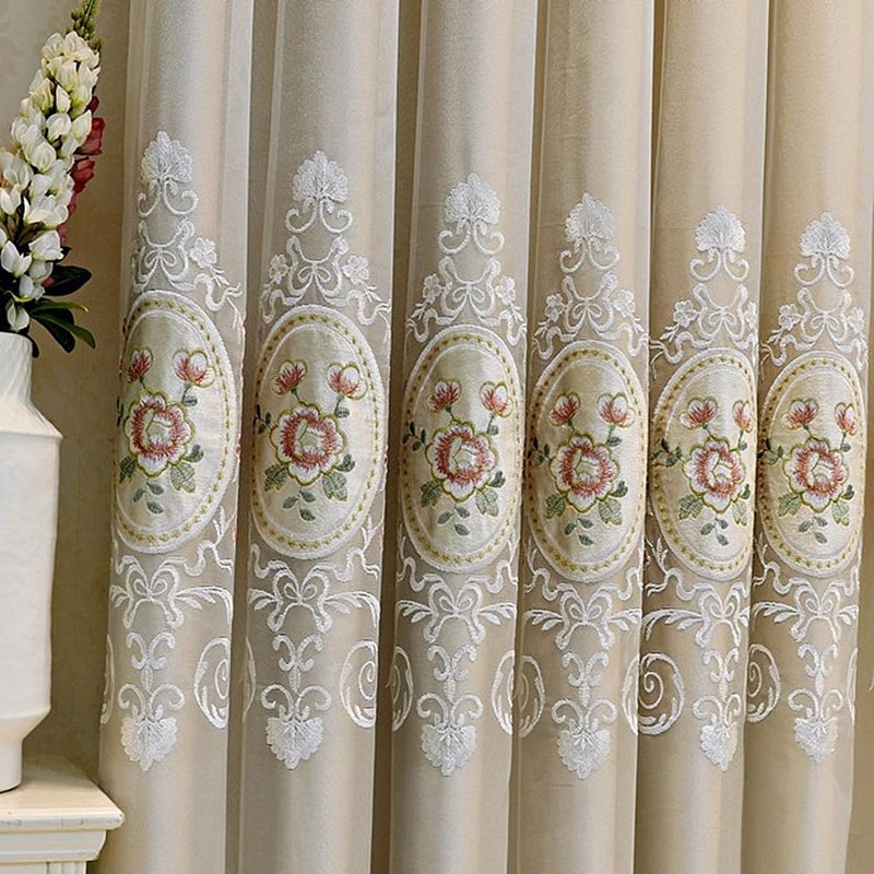 Amidoudou 1 Pair European Double Layer Curtains with Valance for Living Room Bedroom Floral Embroidered Curtains (Beige,51x96 Inch) - Image 3