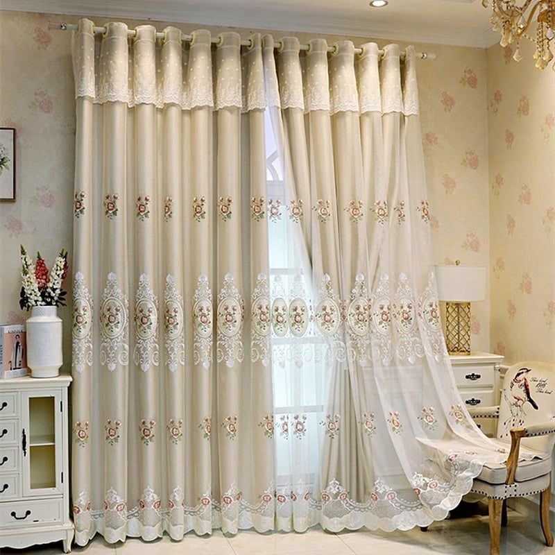 Amidoudou 1 Pair European Double Layer Curtains with Valance for Living Room Bedroom Floral Embroidered Curtains (Beige,51x96 Inch) - Image 5