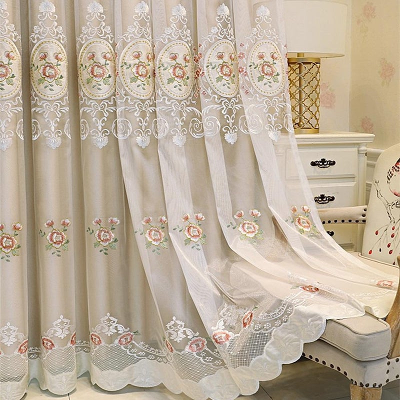 Amidoudou 1 Pair European Double Layer Curtains with Valance for Living Room Bedroom Floral Embroidered Curtains (Beige,51x96 Inch) - Image 1