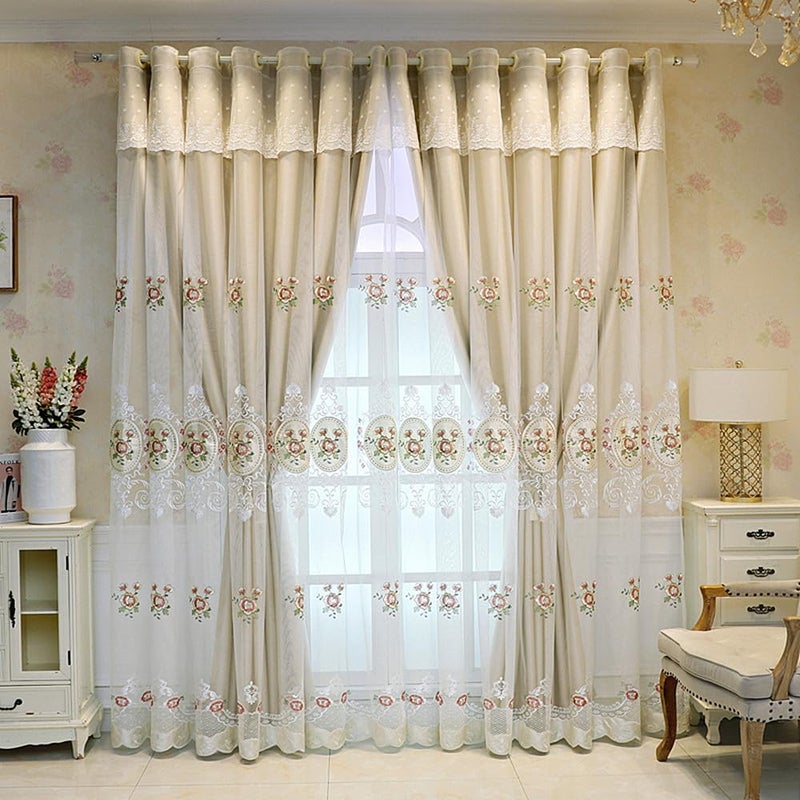 Amidoudou 1 Pair European Double Layer Curtains with Valance for Living Room Bedroom Floral Embroidered Curtains (Beige,51x96 Inch) - Image 2