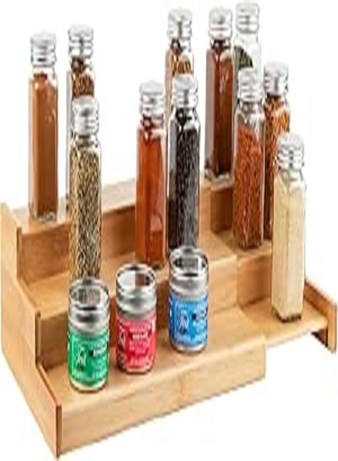 Homeries Bamboo Expandable 3-Tier Spice Rack Modern Design Waterproof Kitchen Organizer for Pantry Cabinet or Countertop Use