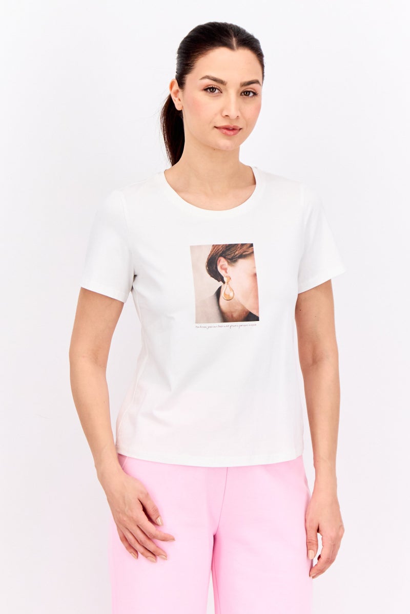 STEVE MADDEN Women Round Neck Short Sleeves Graphic Print Top, White - Image 1