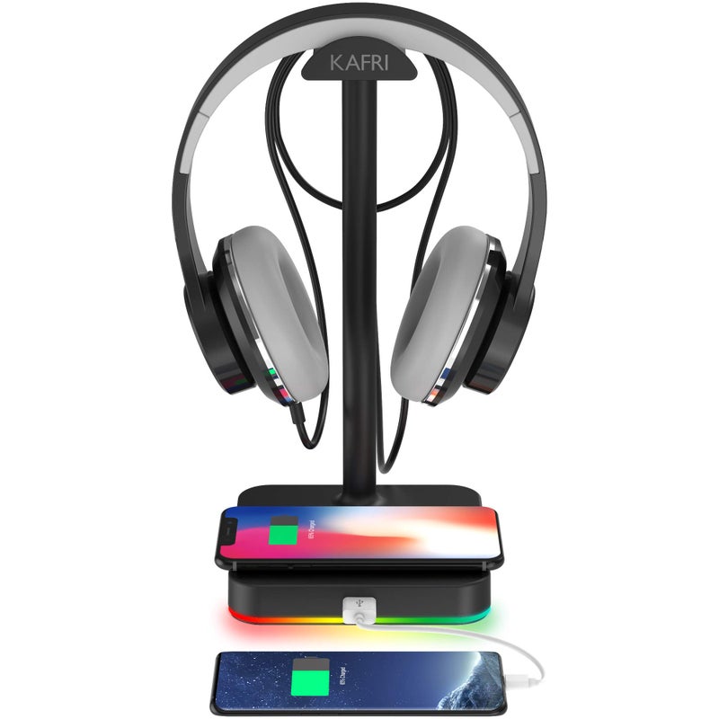 KAFRI RGB Headphone Stand with Wireless Charger Desk Gaming Headset Holder Hanger Rack with 10W75W QI Charging Pad and QC 30 USB Port Suitable for Gamer Desktop Table Game Earphone Accessories