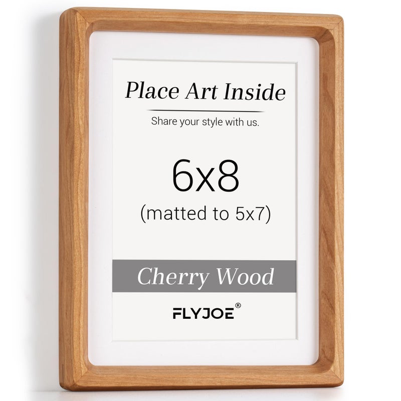 FLYJOE 6x8 Picture frame  USA-Sourced Natural Cherry Wood Photo Frame with Tempered Glass  Handcrafted Rounded Corner 6 x 8 Wooden Frame Matted to 5x7 Photos  Wall or Tabletop Display - Image 1