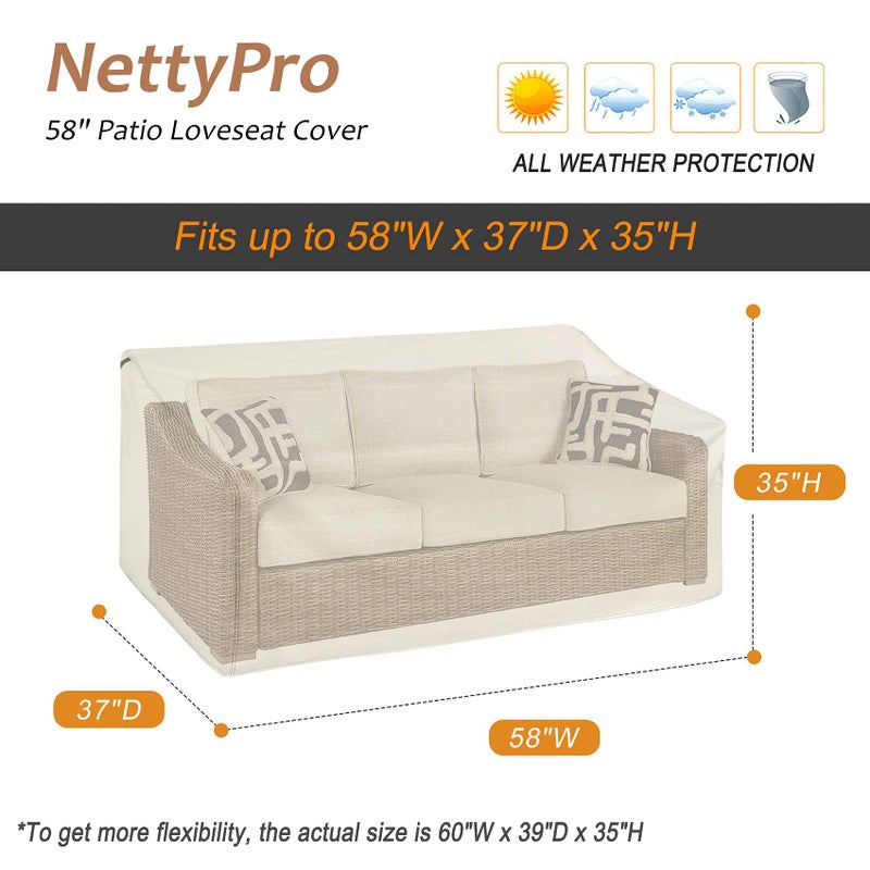 NettyPro Outdoor Loveseat Sofa Cover Waterproof 3-Seater Patio Furniture Bench Sofa Cover, 58"W x 37"D x 35"H, Beige - Image 4