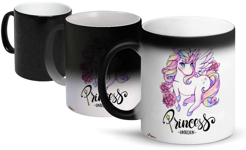 FirseBUY Ceramic Unicorn Princess Printed Coffee Mug for Girls Black 12 Ounces - Image 1