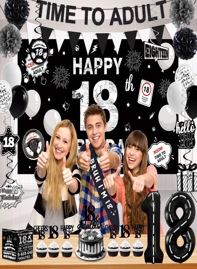 Juesly زينة عيد ميلاد سعيد للأولاد والبنات، زينة حفلات عيد ميلاد باللونين الأسود والفضي، لافتة زينة عيد ميلاد سعيد، بالونات تحمل الرقم 18، زينة كعكة، وشاح حلزوني معلق - Image 4