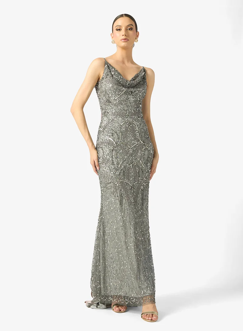 BEAUUT Zeina Strappy Detail Embellished Sequin Maxi Dress