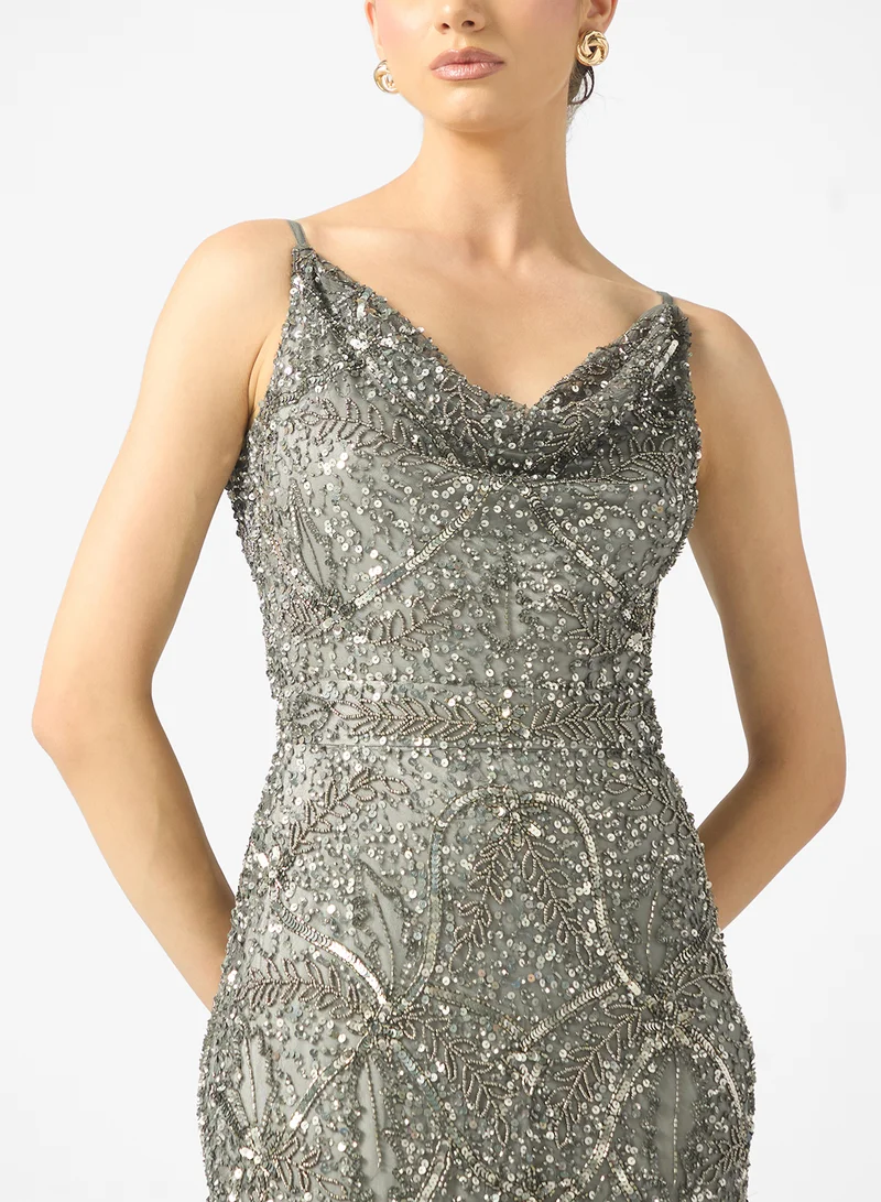 BEAUUT Zeina Strappy Detail Embellished Sequin Maxi Dress