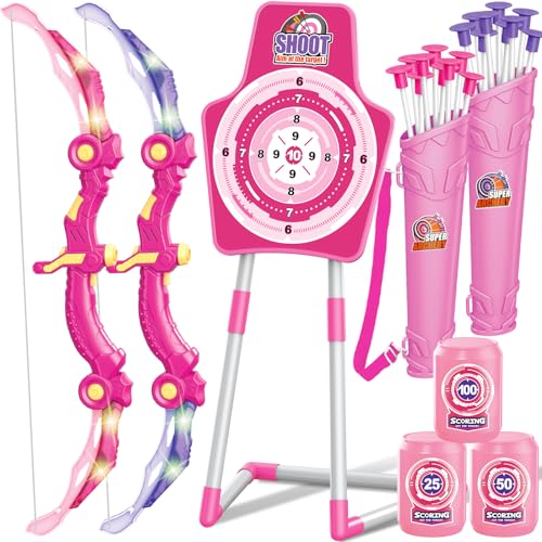 GMAOPHY 2 Pack Bow and Arrow Toy for 5 6 7 8 9 10 11 12 Year Old Boys Birthday for Kids Indoor Outdoor Sport Games Toys for Ages 48 812 LED Light Up Archery Set with 20 Toy Arrows Pink - Image 1