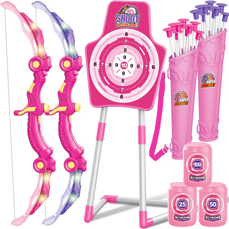 GMAOPHY 2 Pack Bow and Arrow Toy for 5 6 7 8 9 10 11 12 Year Old Boys Birthday for Kids Indoor Outdoor Sport Games Toys for Ages 48 812 LED Light Up Archery Set with 20 Toy Arrows Pink - Image 3