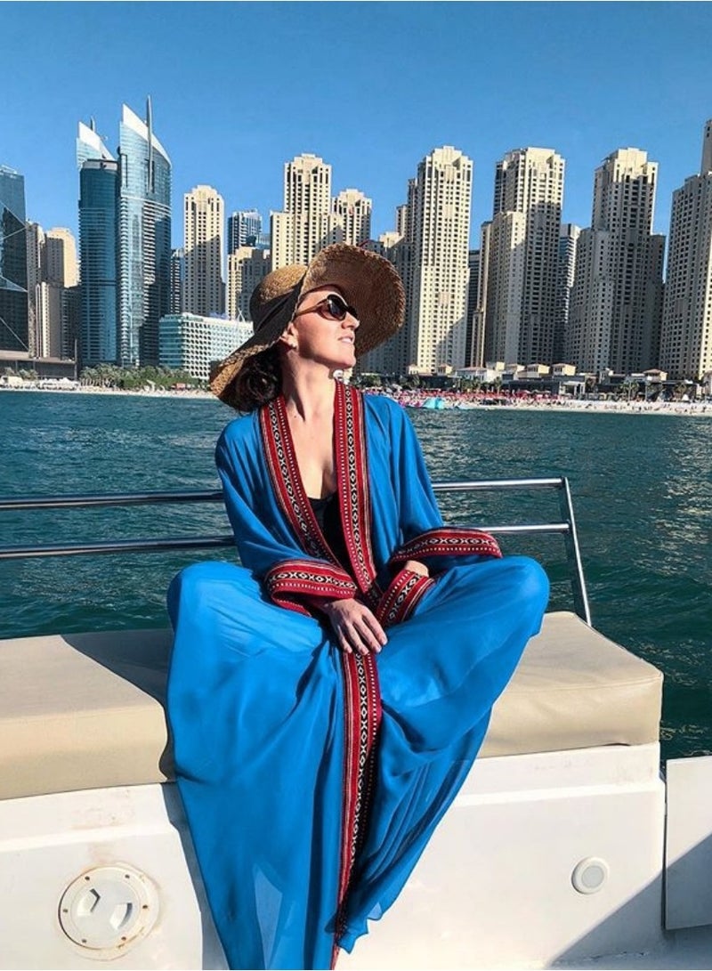 Summer Long Kaftan Bohemian Beach Kimono Swimsuit Cover Up Plus Size Dress for Women Sunscreen cardigan Length: 140cm (Blue) - Image 1