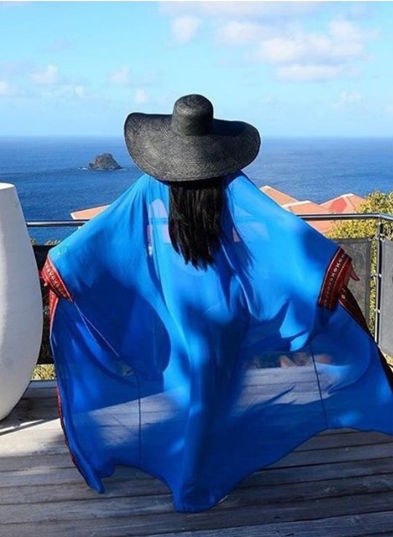 Summer Long Kaftan Bohemian Beach Kimono Swimsuit Cover Up Plus Size Dress for Women Sunscreen cardigan Length: 140cm (Blue) - Image 2