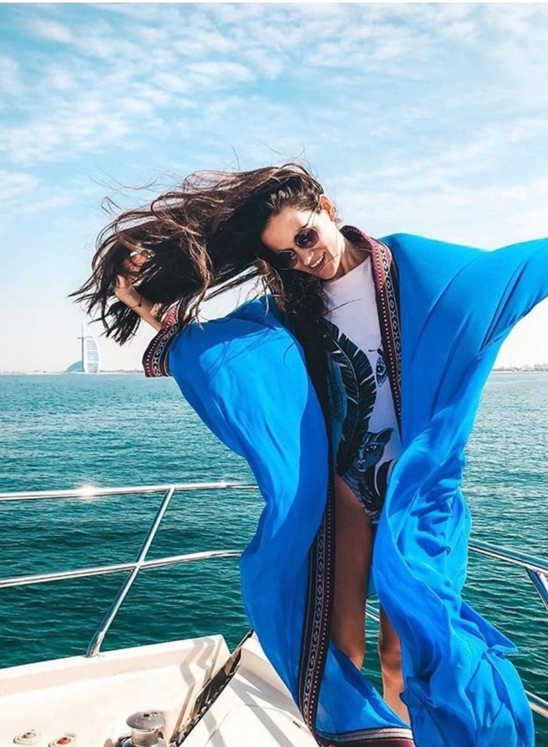 Summer Long Kaftan Bohemian Beach Kimono Swimsuit Cover Up Plus Size Dress for Women Sunscreen cardigan Length: 140cm (Blue) - Image 4