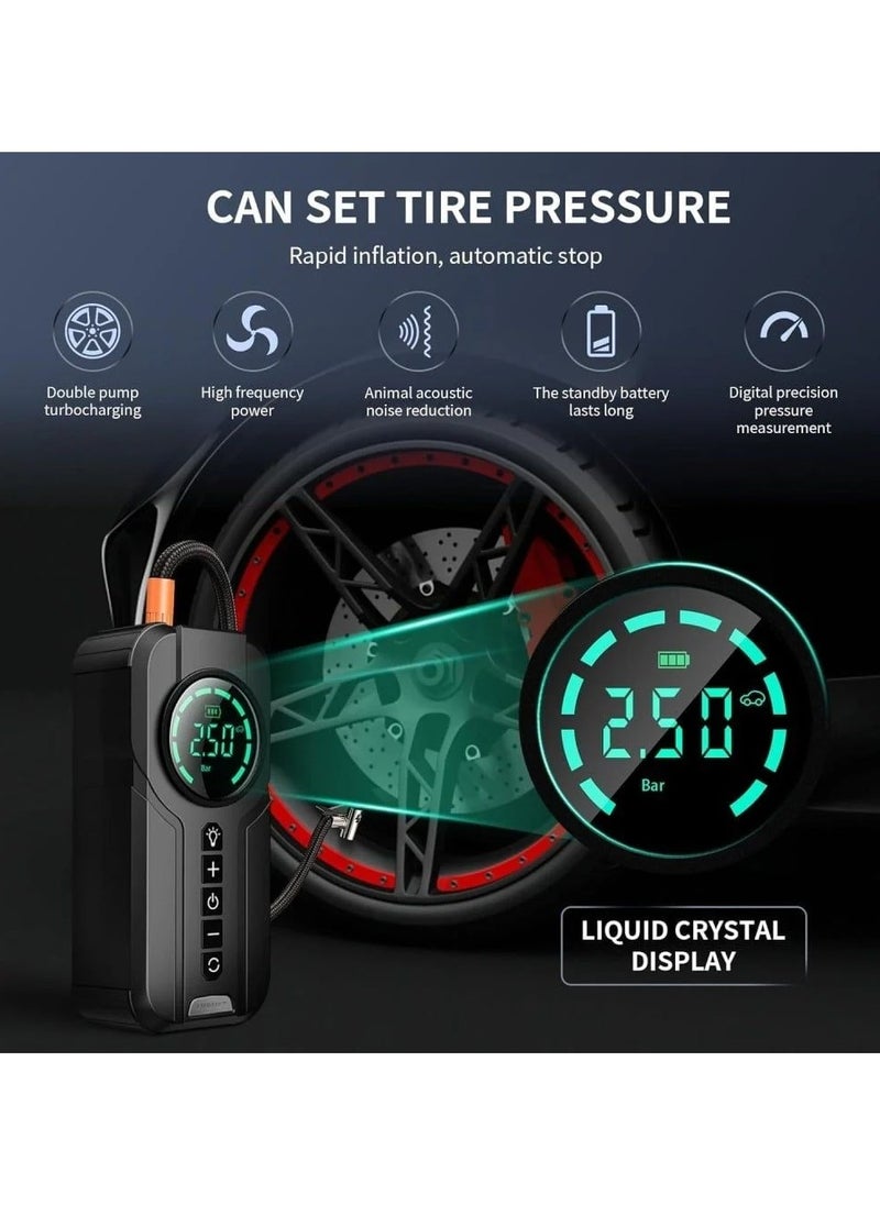 All-in-one emergency inflator with digital display. It has a battery jump starter in case you run out of power.power bank to charge mobile phones, equipped with a 6000 amp LED emergency light.