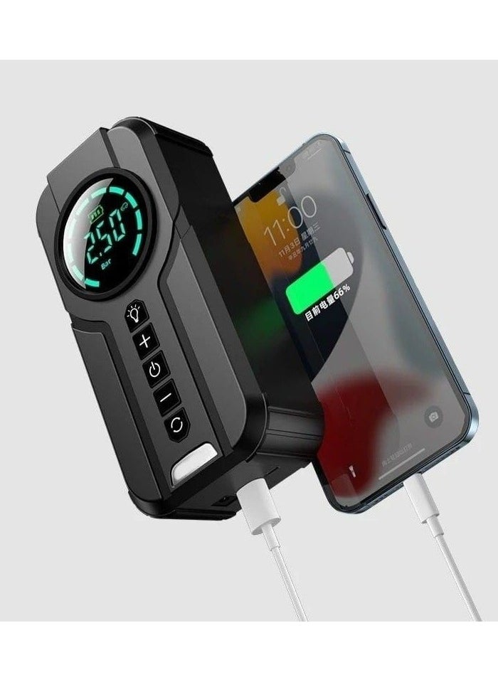 All-in-one emergency inflator with digital display. It has a battery jump starter in case you run out of power.power bank to charge mobile phones, equipped with a 6000 amp LED emergency light.