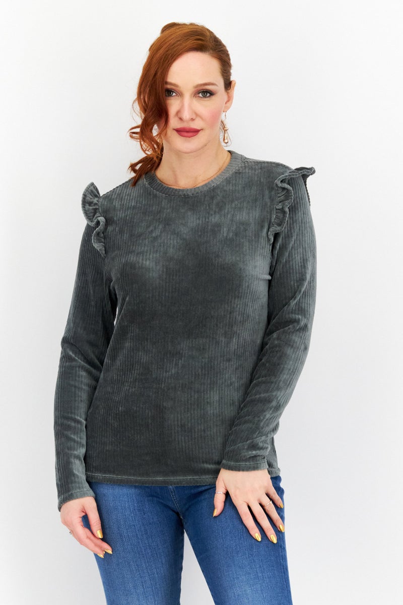 ONLY Women Crew Neck Long Sleeves Plain Blouse, Balsam Green - Image 1