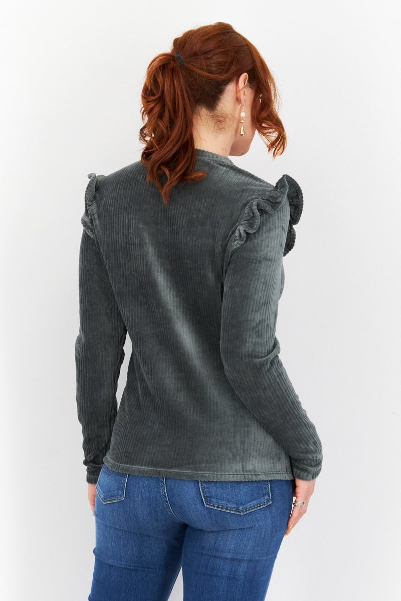 ONLY Women Crew Neck Long Sleeves Plain Blouse, Balsam Green - Image 2