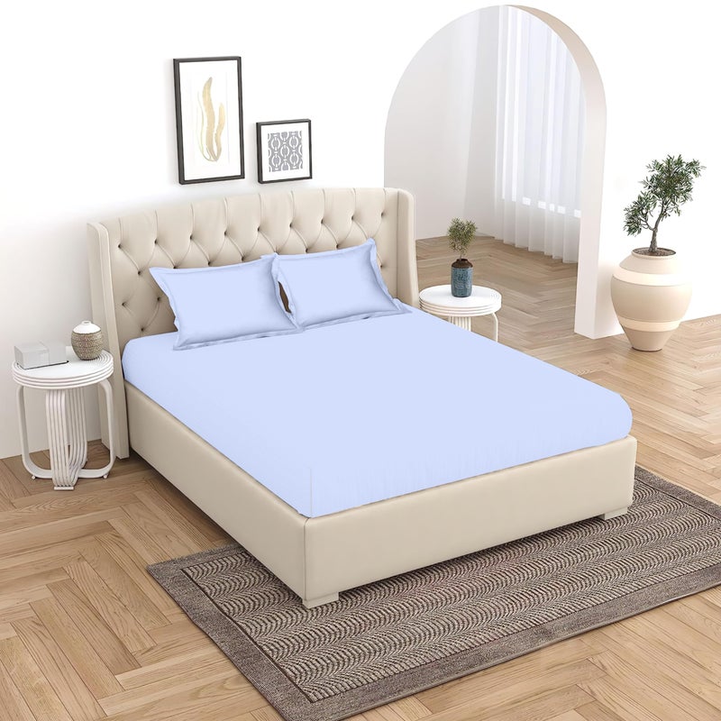 400 TC Premium Cotton Plain Flat Bedsheet for Double Size Bed with 2 Pillow Covers (Powder Blue, 90X100 inch) BAZ  - Image 1