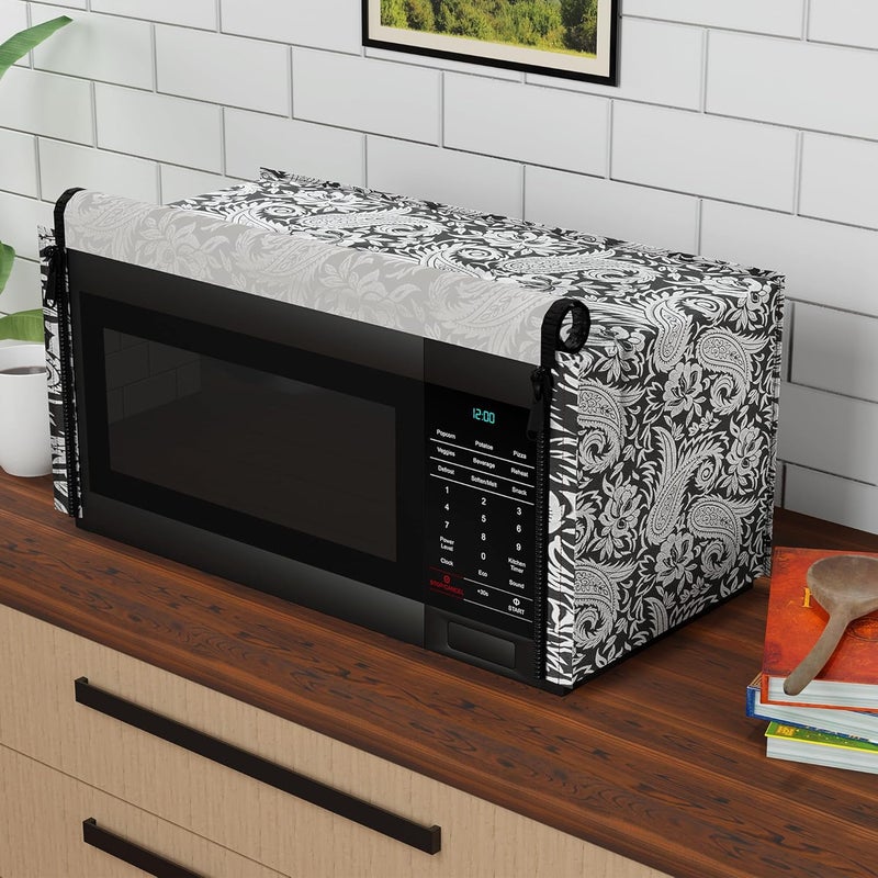 Kuber Industries غطاء ميكروويف مقاوم للغبار وسهل التنظيف من كوبر إندستريز سعة 23 لتر مع شبكة تهوية | أغطية/ملحقات فرن كونفكشن وOTG متينة لتزيين المنزل | تصميم زهور باللونين الأسود والفضي - Image 1