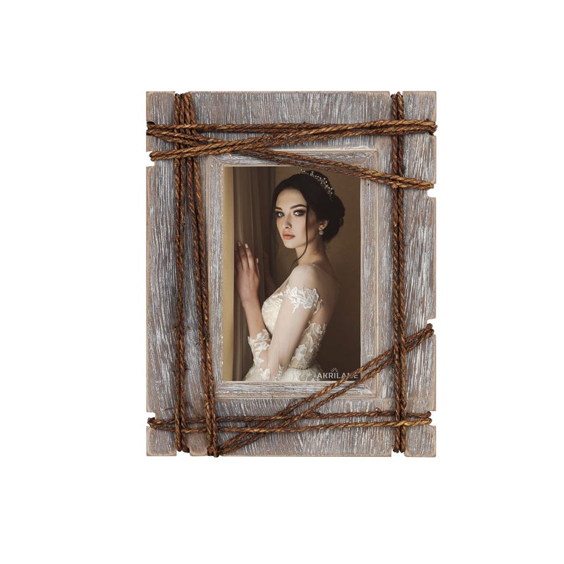 AKRILANE 4x6 Picture Frame Wood Rustic  Decorative  Distressed & Vintage Looking Photo Frames Wall Decor for Wall Mount & Table Top Display for Home Decor - 4 x 6 Wedding Picture Frames - Style C - Image 1