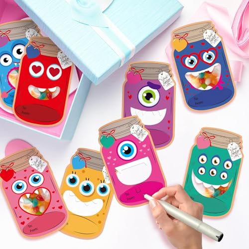 TICIAGA Mason Jar Valentines Day Cards - 48 Pack Monster Mason Jar Valentine Exchange Cards with Treat Bag Bulk for Kid, Funny Monster Exchange Gifts for Boys Girls Classroom Party(Candy Not Included) - Image 4