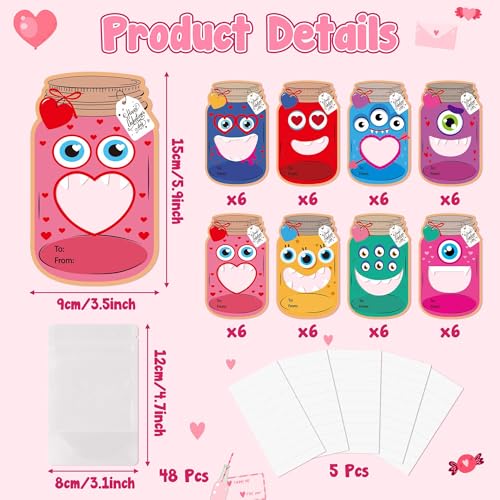 TICIAGA Mason Jar Valentines Day Cards - 48 Pack Monster Mason Jar Valentine Exchange Cards with Treat Bag Bulk for Kid, Funny Monster Exchange Gifts for Boys Girls Classroom Party(Candy Not Included) - Image 2