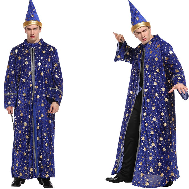 Lagusida Adults Wizard Costume Wizard Cloak Stars Magician Cape and Hat Witch Cloak (blue, L) - Image 3