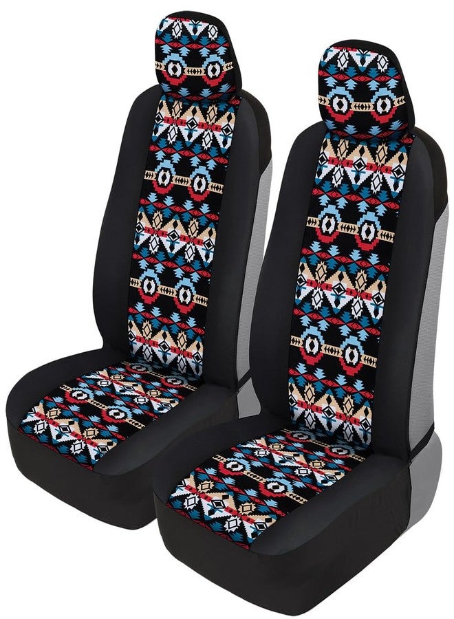 BDK Blue Aztec Car Seat Covers for Front Seats, 2 Pack - Geometric Print Front Seat Cover Set with Matching Headrest, Sideless Design for Easy Installation, Universal Fit for Car Truck Van and SUV - Image 1