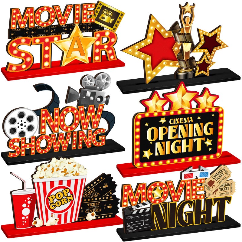 Quzzil 6 Pcs Movie Night Party Decorations Movie Wooden Table Centerpiece Ticket Star Video Popcorn Table Sign Tabletop Decor for Birthday Party Home Decoration - Image 1
