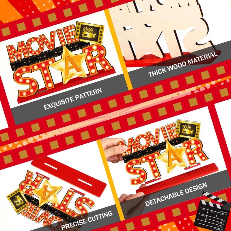 Quzzil 6 Pcs Movie Night Party Decorations Movie Wooden Table Centerpiece Ticket Star Video Popcorn Table Sign Tabletop Decor for Birthday Party Home Decoration - Image 4