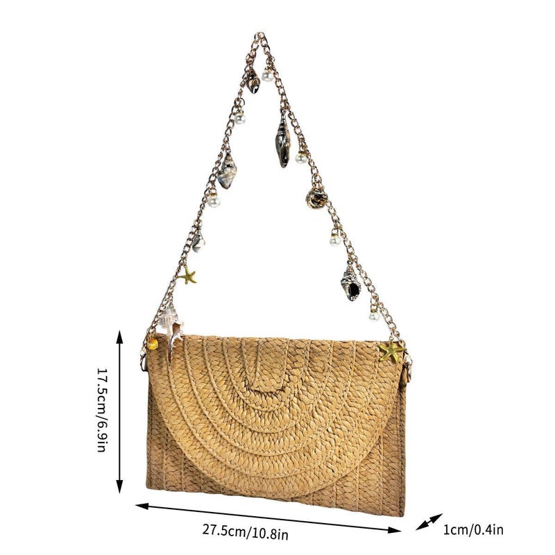DEBIMY Women Pearl Straw Clutch Purse Woven Summer Beach Evening Bag Wedding Party Straw Shoulder Handbag, Beige 2 - Image 2
