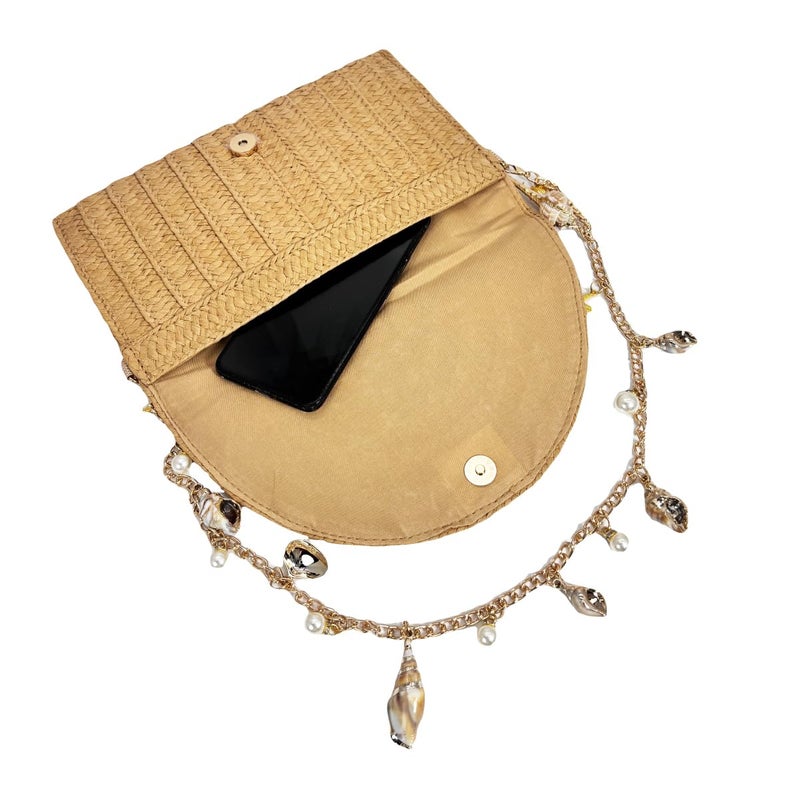 DEBIMY Women Pearl Straw Clutch Purse Woven Summer Beach Evening Bag Wedding Party Straw Shoulder Handbag, Beige 2 - Image 3