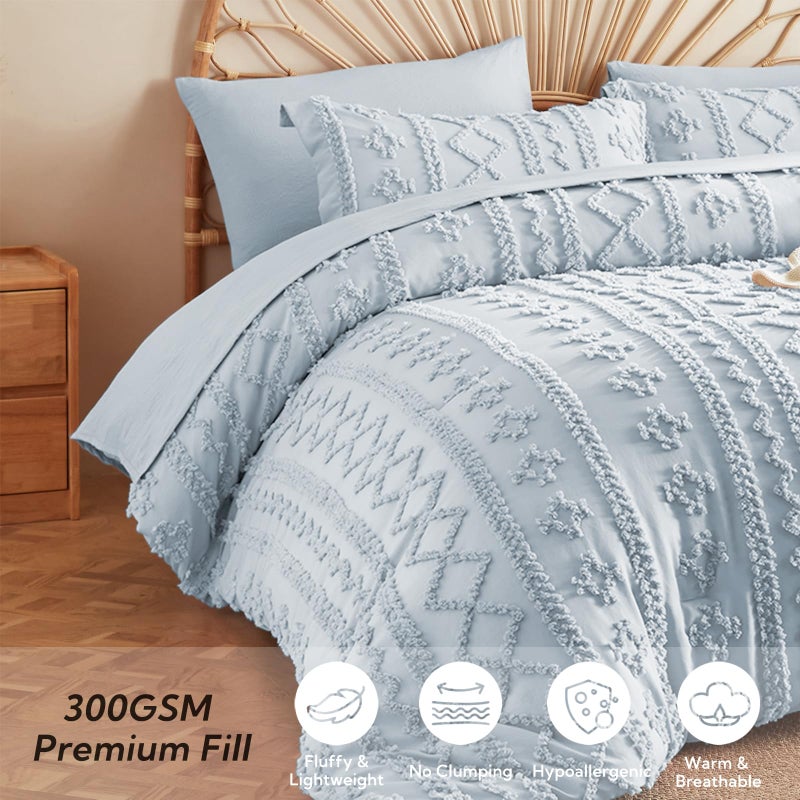 MR&HM Dusty Blue Boho Comforter Set Queen, Tufted Boho Bedding Set, Farmhouse Shabby Chic Bed in a Bag with 1 Comforter, 2 Pillow Shams, 2 Pillowcases, 1 Flat Sheet, 1 Fitted Sheet for All Seasons - Image 3