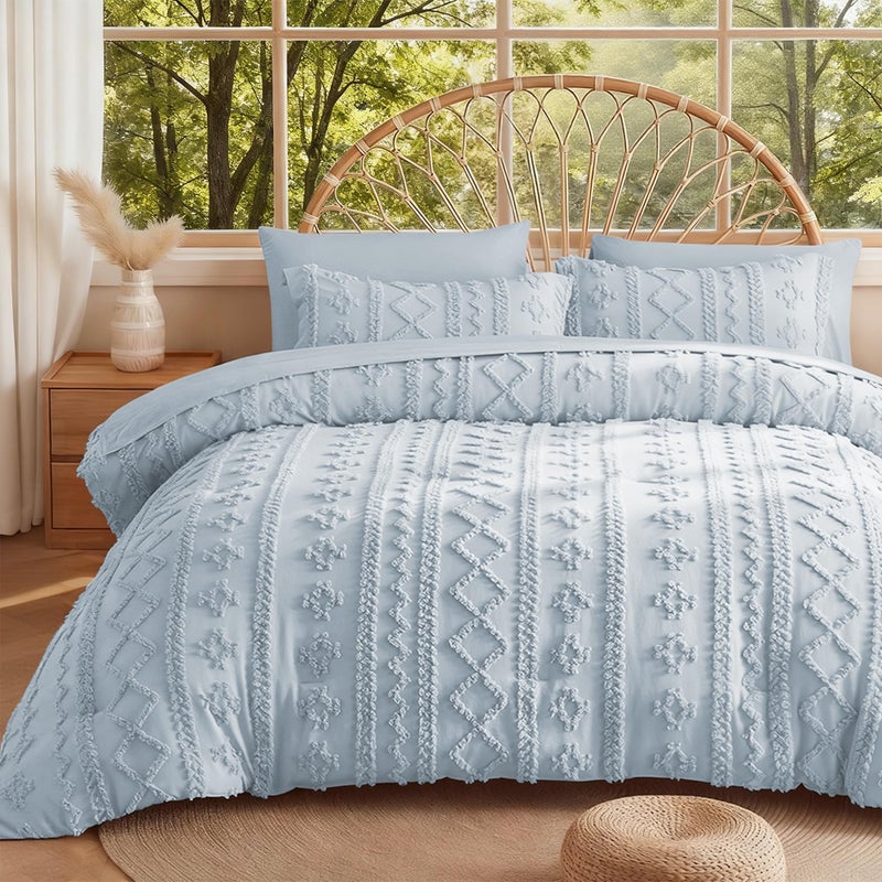 MR&HM Dusty Blue Boho Comforter Set Queen, Tufted Boho Bedding Set, Farmhouse Shabby Chic Bed in a Bag with 1 Comforter, 2 Pillow Shams, 2 Pillowcases, 1 Flat Sheet, 1 Fitted Sheet for All Seasons - Image 1