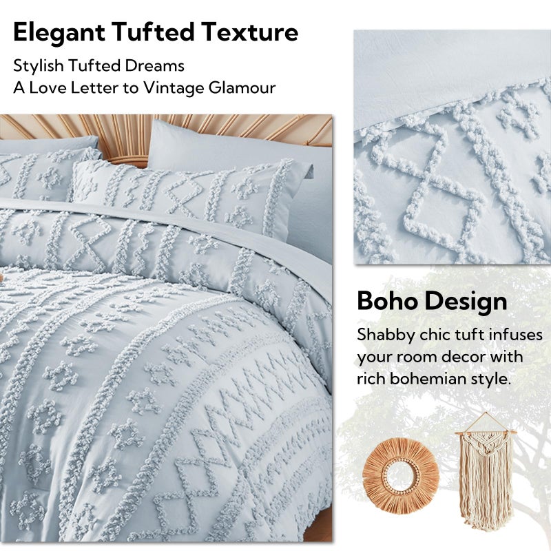 MR&HM Dusty Blue Boho Comforter Set Queen, Tufted Boho Bedding Set, Farmhouse Shabby Chic Bed in a Bag with 1 Comforter, 2 Pillow Shams, 2 Pillowcases, 1 Flat Sheet, 1 Fitted Sheet for All Seasons - Image 4