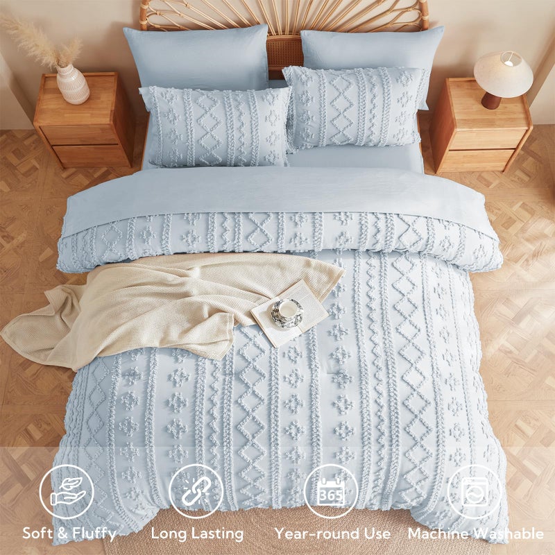 MR&HM Dusty Blue Boho Comforter Set Queen, Tufted Boho Bedding Set, Farmhouse Shabby Chic Bed in a Bag with 1 Comforter, 2 Pillow Shams, 2 Pillowcases, 1 Flat Sheet, 1 Fitted Sheet for All Seasons - Image 2