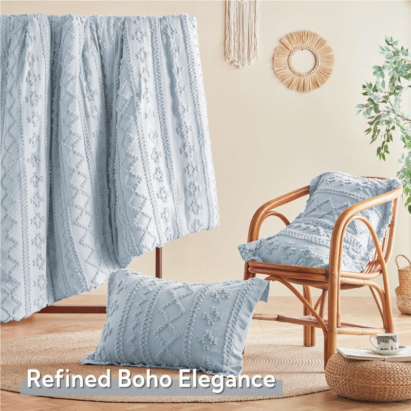 MR&HM Dusty Blue Boho Comforter Set Queen, Tufted Boho Bedding Set, Farmhouse Shabby Chic Bed in a Bag with 1 Comforter, 2 Pillow Shams, 2 Pillowcases, 1 Flat Sheet, 1 Fitted Sheet for All Seasons - Image 5